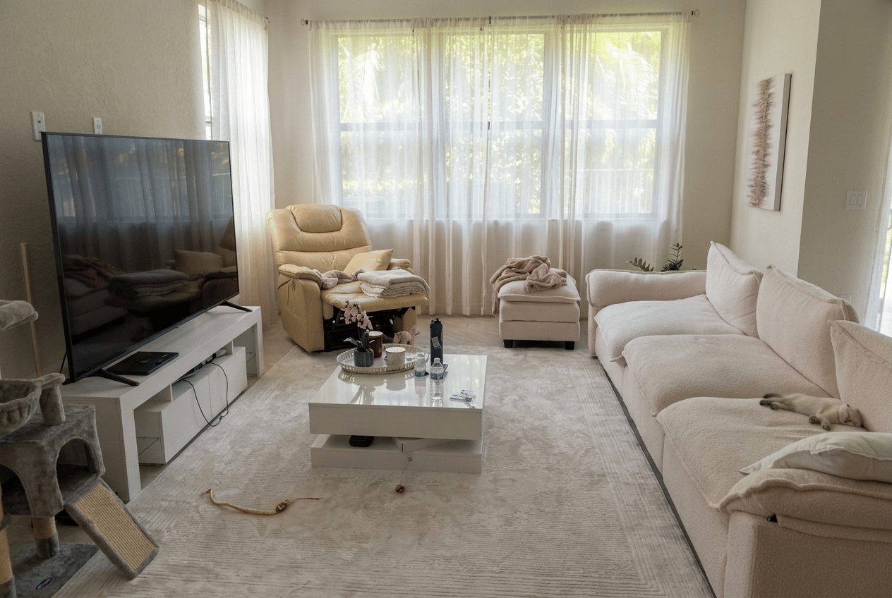 Living room before cleaning Messy living room before AMF Cleaning service